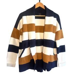 Fate Striped Open Front Cardigan Sweater Medium Brown Navy Cream Cozy Pockets